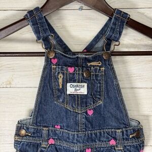 Oshkosh B'gosh VESTBAK Blue Jean Overalls Pink Embroidered Hearts Girl's 24 Mon.